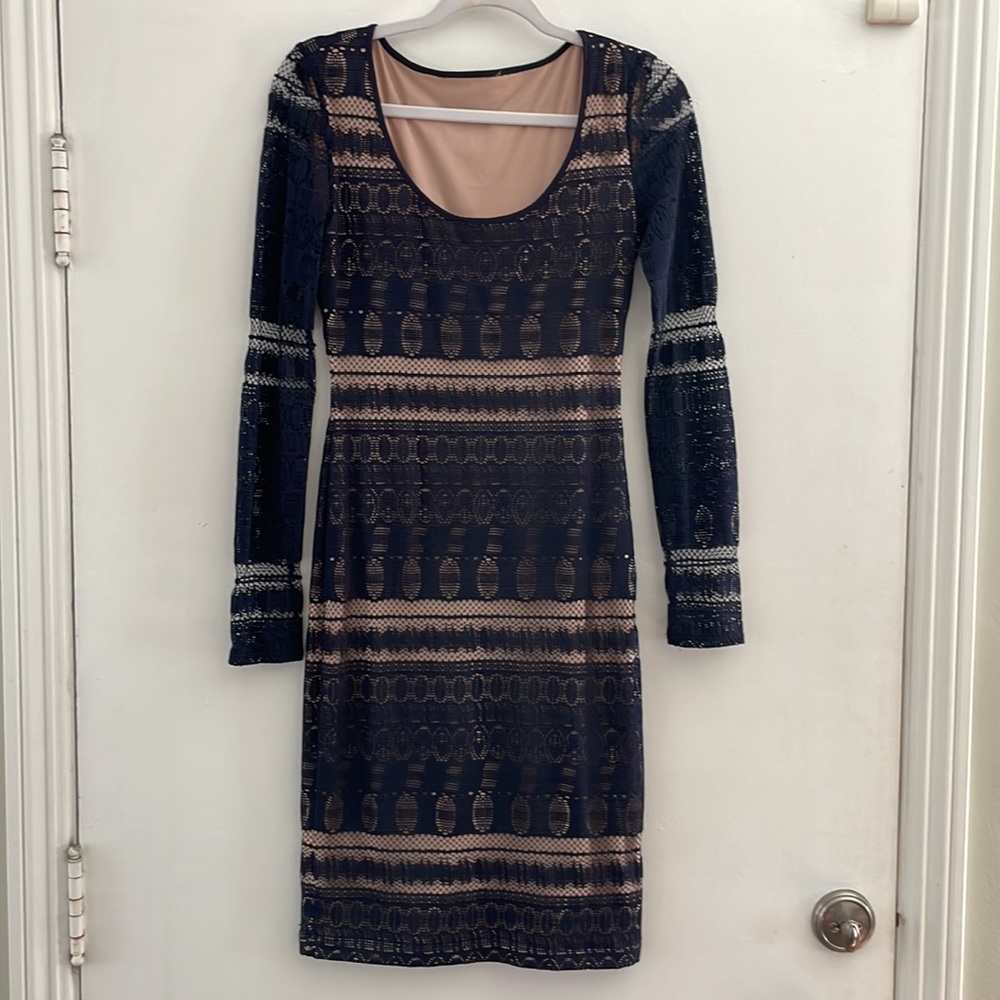 BCBGMaxAzria “Tanya” Blue Lace Dress with Nude Lining & Sheer Sleeves XS